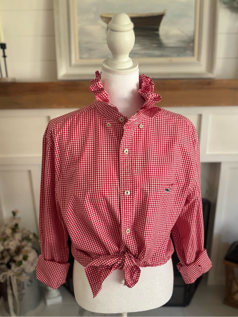 Custom Red & White Check Vineyard Vines Button Down Ruffle Shirt